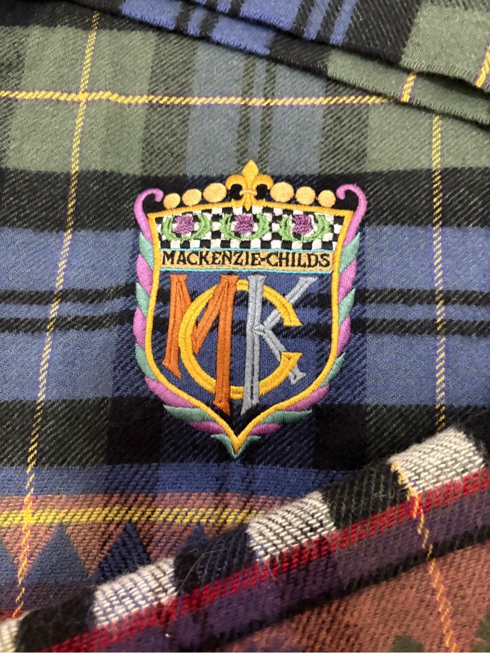 MacKenzie-Childs Blue & Green Tartan Crest Scarf Table Runner - Picture 3 of 6